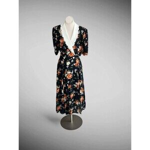 Expo Vintage 90s Dress Black Floral Grunge White Lace Collar Romantic Size 14